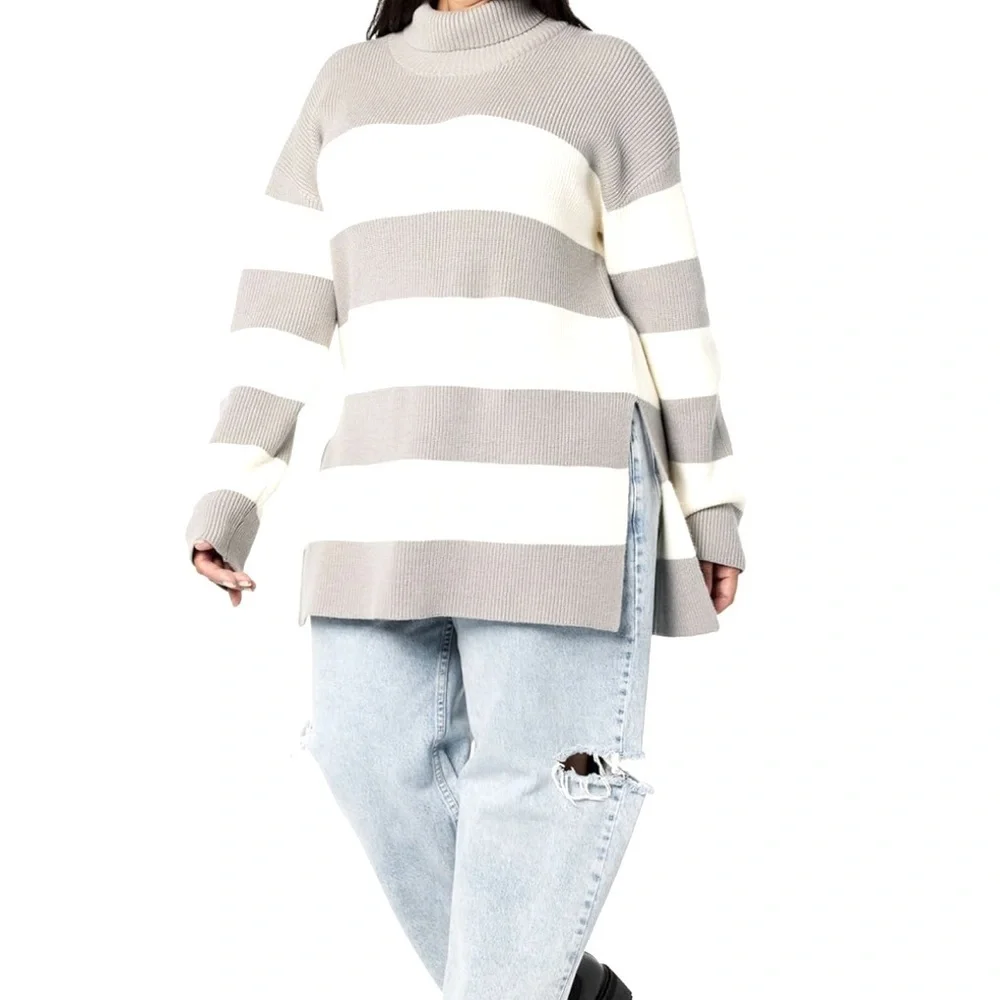 The Drop Camilla Striped Gray and Cream Sweater Size 3X Side Slits Soft and Cozy